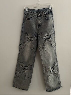 JOY-DVIP Gray Acid Wash Bow Straight Wide Leg Jeans High Waisted Stretch Size 28